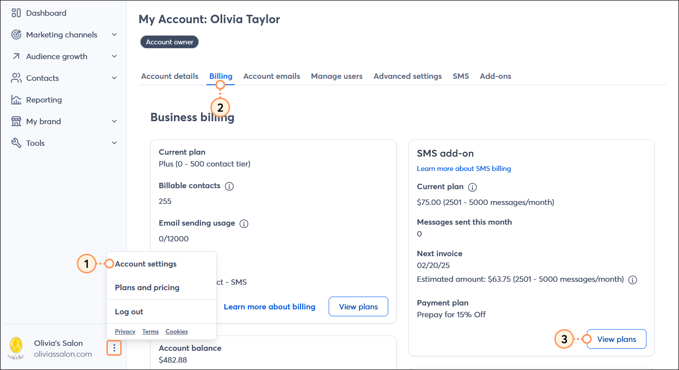 Account owner menu expanded and Account settings option selected, My Account page with Billing tab selected, SMS add-on section, and View plans button