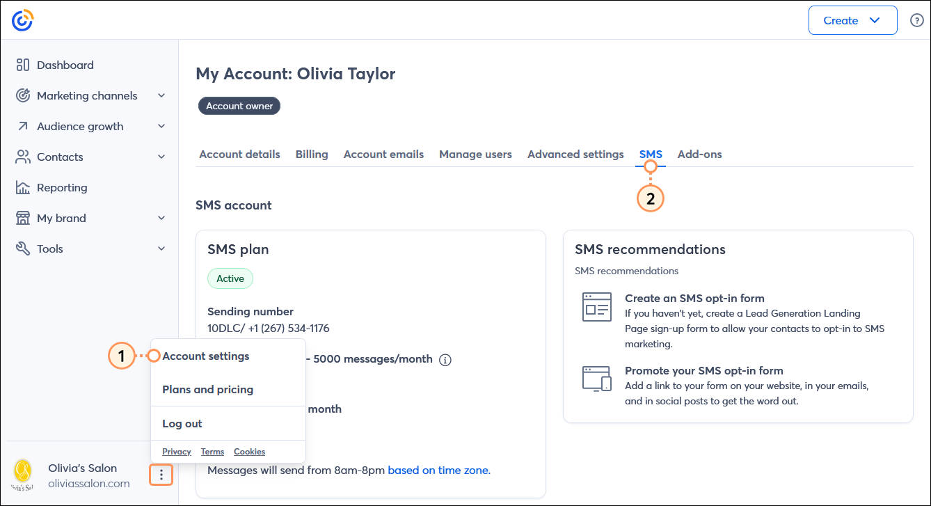 Account owner menu expanded with Account settings option selected, and My Account with SMS tab selected