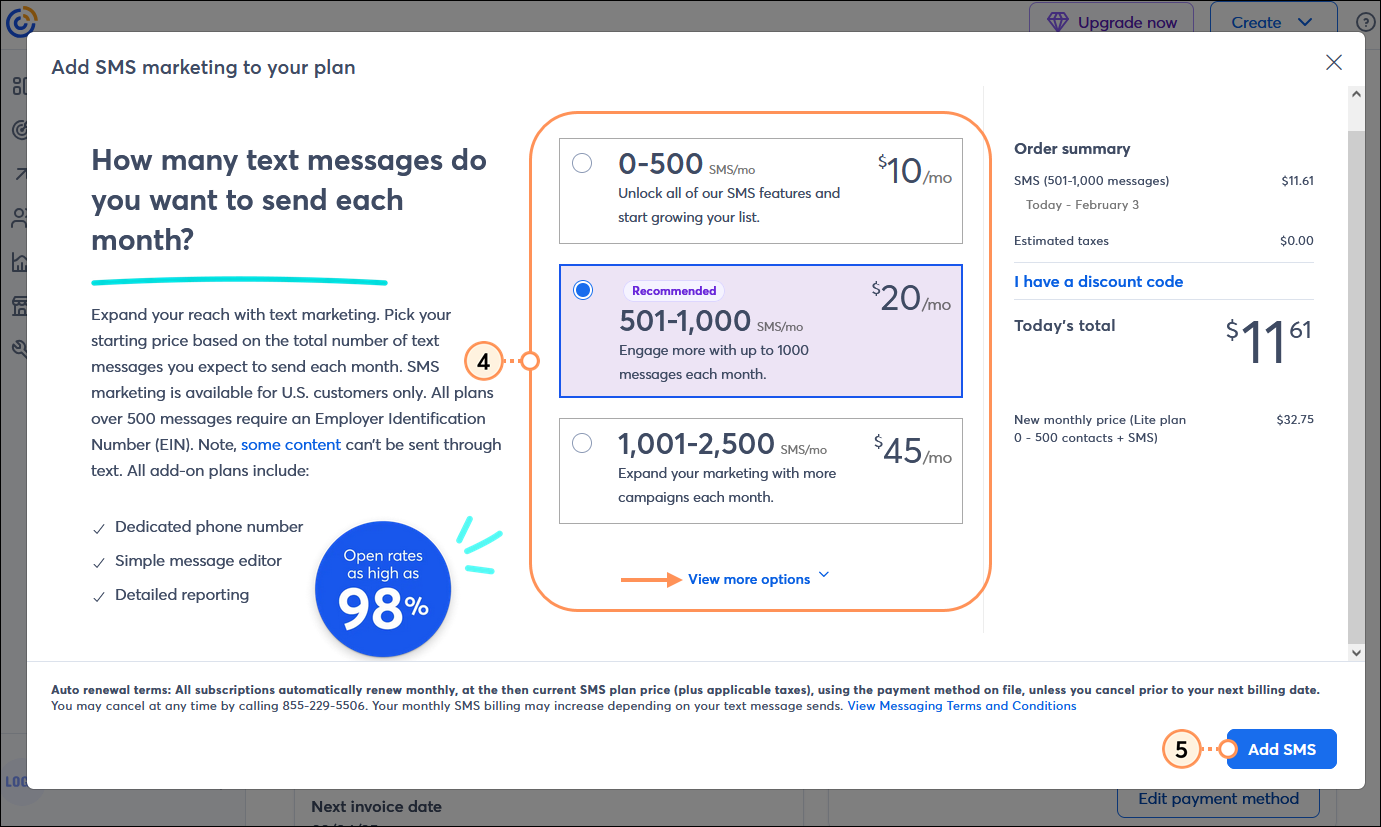 Add SMS to your plan overlay, SMS pricing tier options, I agree and authorize payment checkbox, and Add SMS button