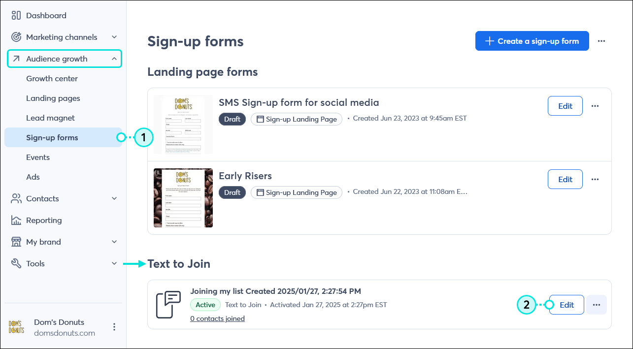 Sign-up forms page with Marketing campaigns menu expanded and Sign-up forms option selected, and Text to Join section with Edit button