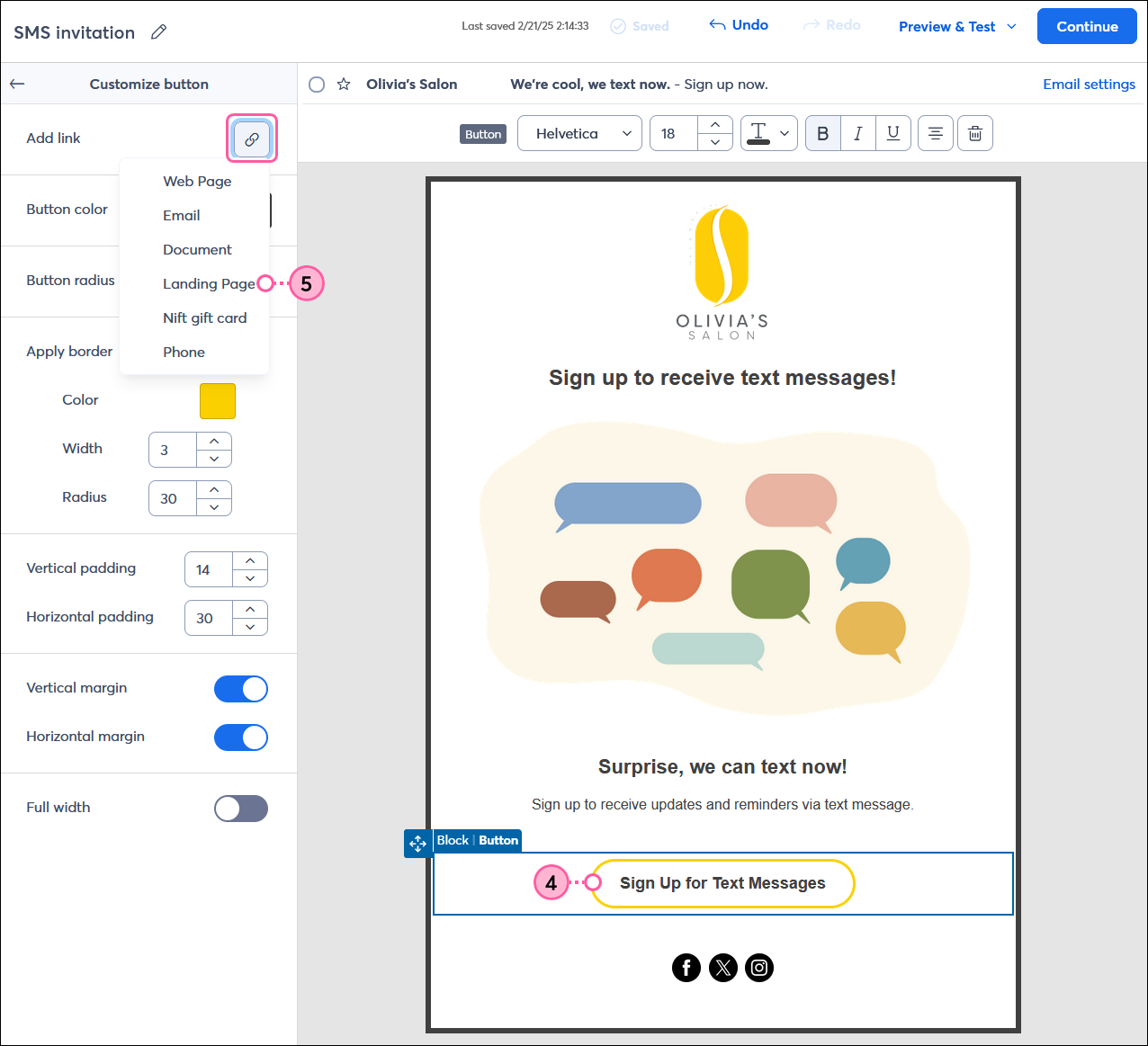 Email editor with Sign Up for Text Messages button and Customize button menu expanded, Add link button with menu expanded and Landing Page option selected