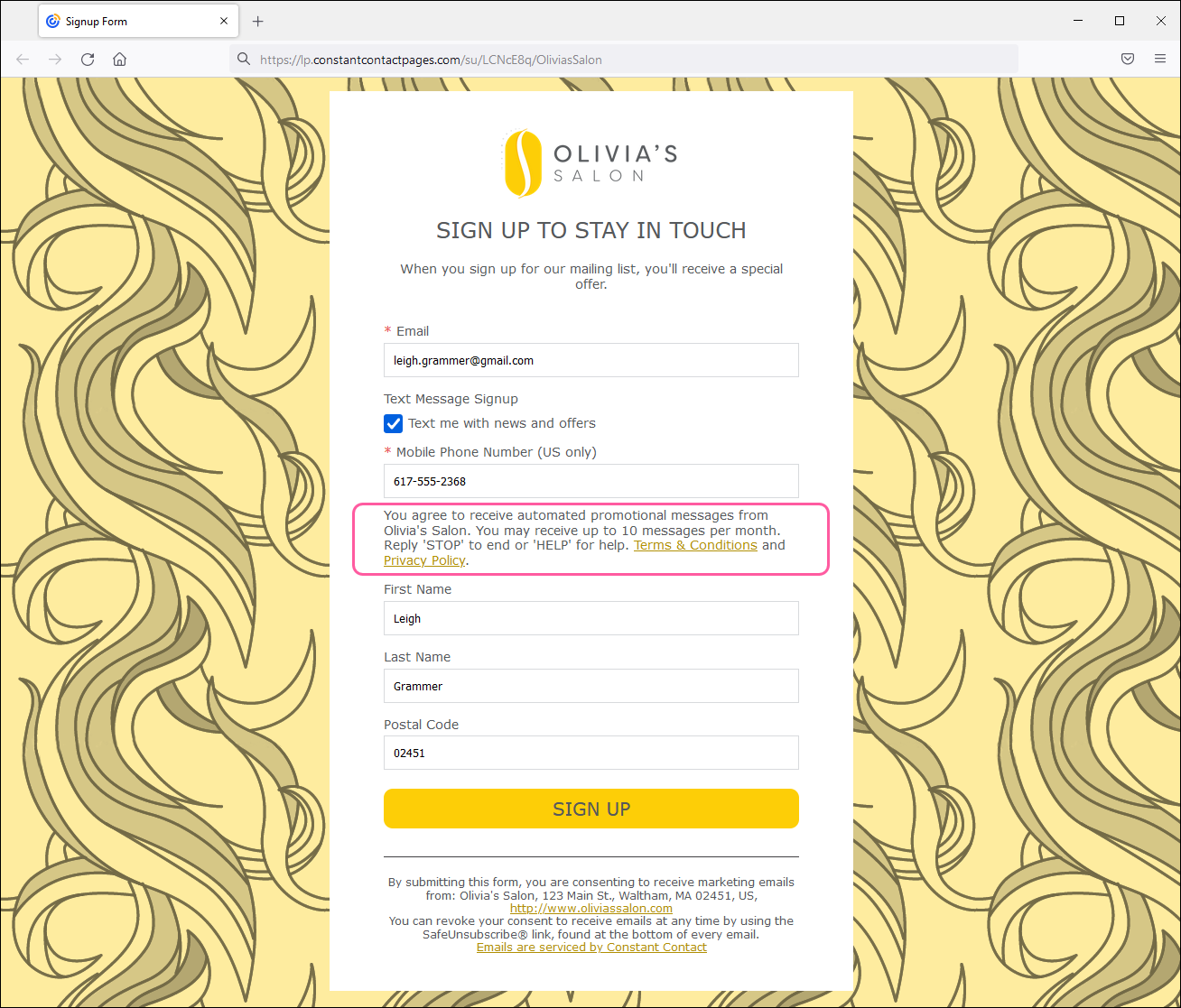 Example of a Lead Generation Landing Page with SMS enabled and links to the Privacy Policy and Terms & Conditions