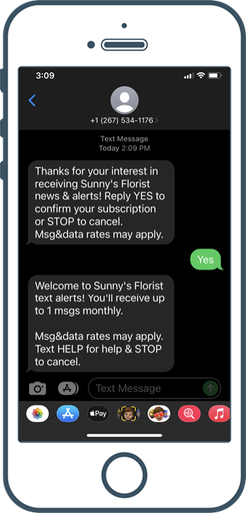 Example of mobile device with text message thread opting into SMS marketing