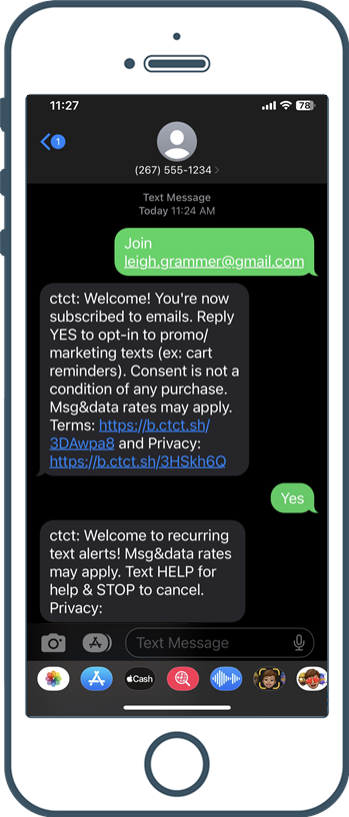 Example of mobile device with text message thread opting into an email list through text-to-join
