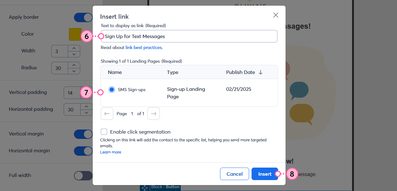 Insert Link overlay with Text to display as link field, landing page options and SMS-enabled landing page selected, and Insert button