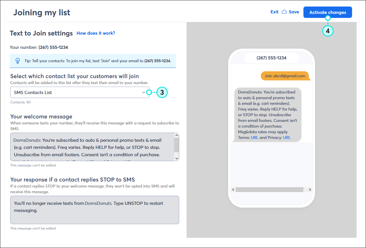 Text to Join settings page with Select which contact list your customers will join drop-down menu and Activate change link