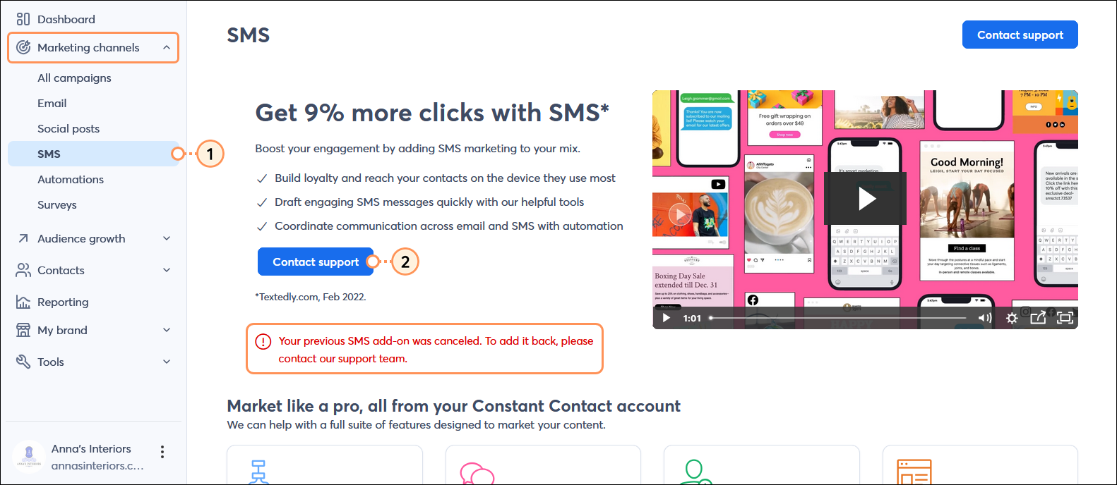 SMS dashboard with Your previous SMS add-on was canceled. To add it back, please contact our Support team message and Contact support button