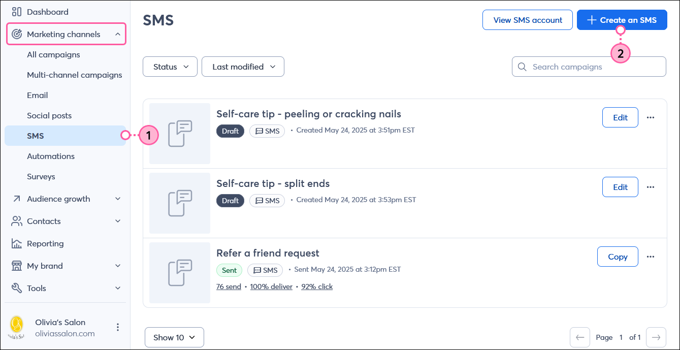Marketing campaigns drop-down menu with SMS option selected, and Create an SMS button