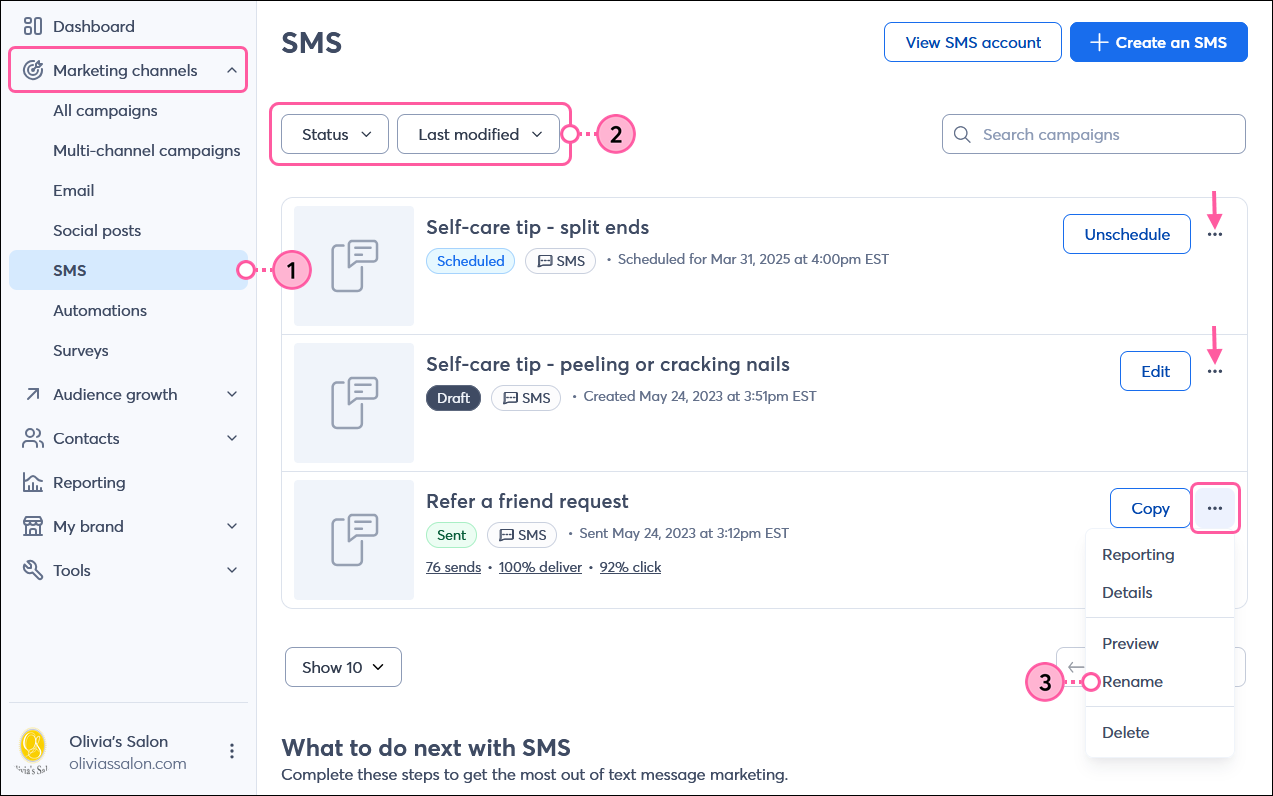 SMS page with Status and Sort by drop-down menus, and Draft SMS campaign menu expanded and Rename option selected