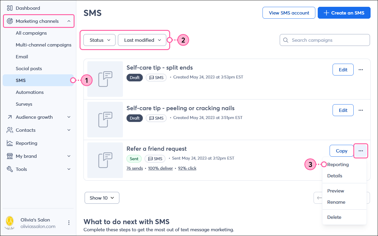 SMS page with Status drop drop-down menu with Sent option selected, Sort by drop-down menu with Date scheduled newest option selected, sent SMS campaign with menu expanded and Details option selected
