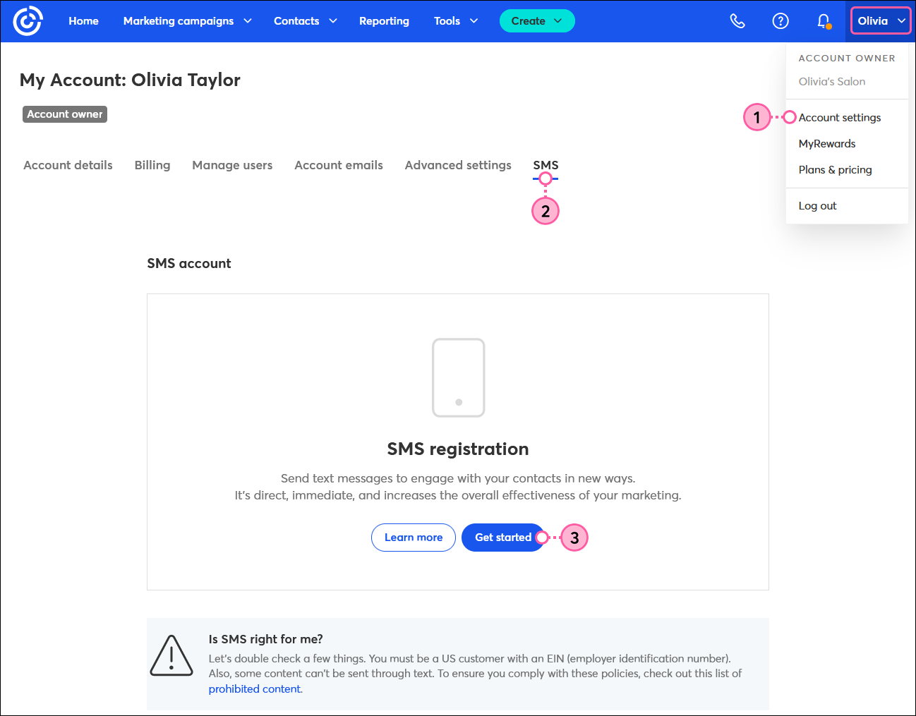 Register your account for SMS marketing
