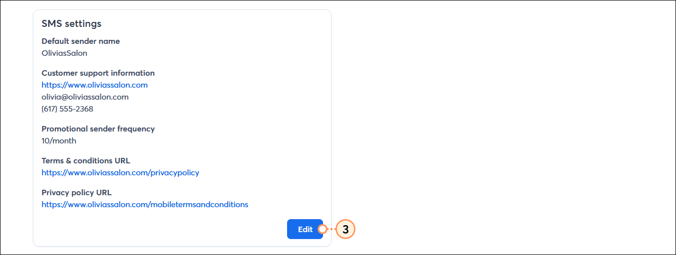 My Account page with SMS tab selected and SMS settings section and Edit button