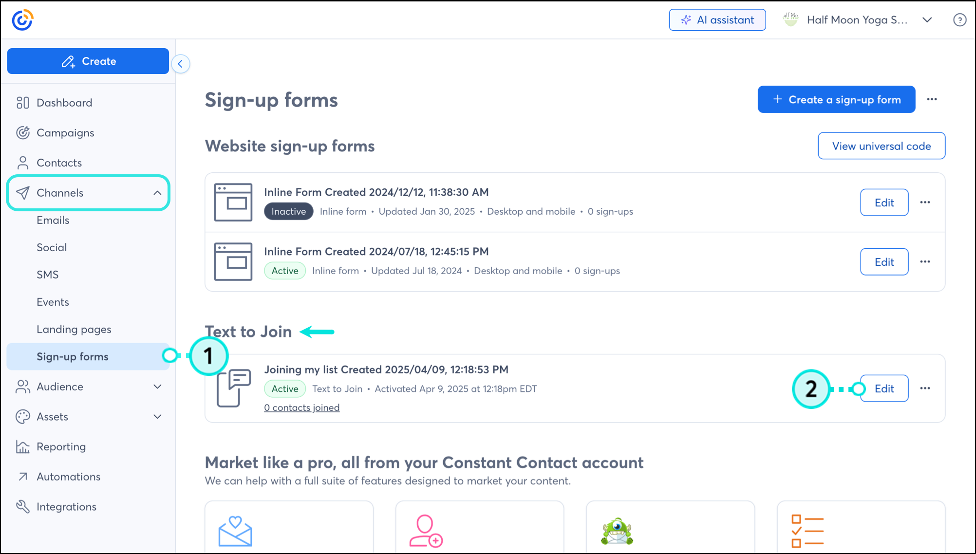 Página Sign-up forms (Formularios de registro) con el menú Marketing campaigns (Campañas de marketing) expandido y la opción Sign-up forms seleccionada, y la sección SMS para suscribirse con el botón Edit (Editar)