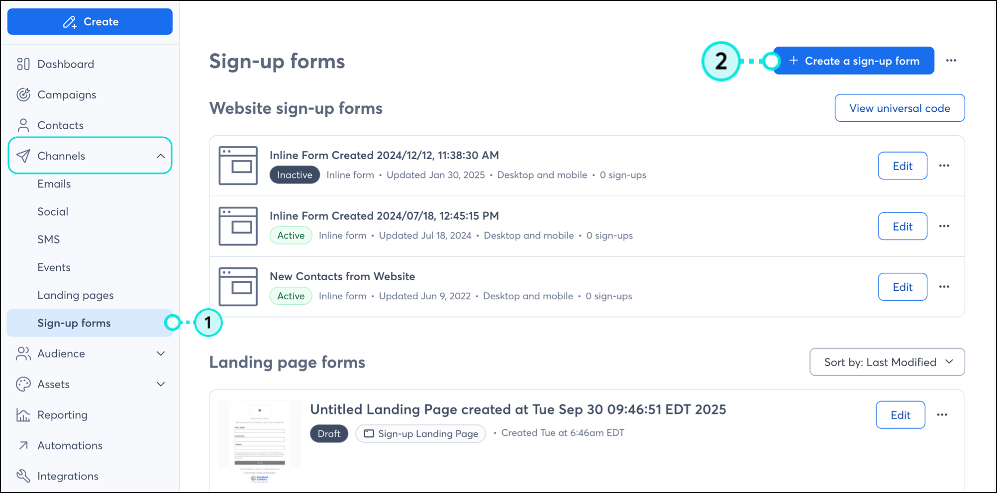 Audience growth menu expanded with Sign-up forms option selected, Sign-up forms dashboard with Create a sign-up form button