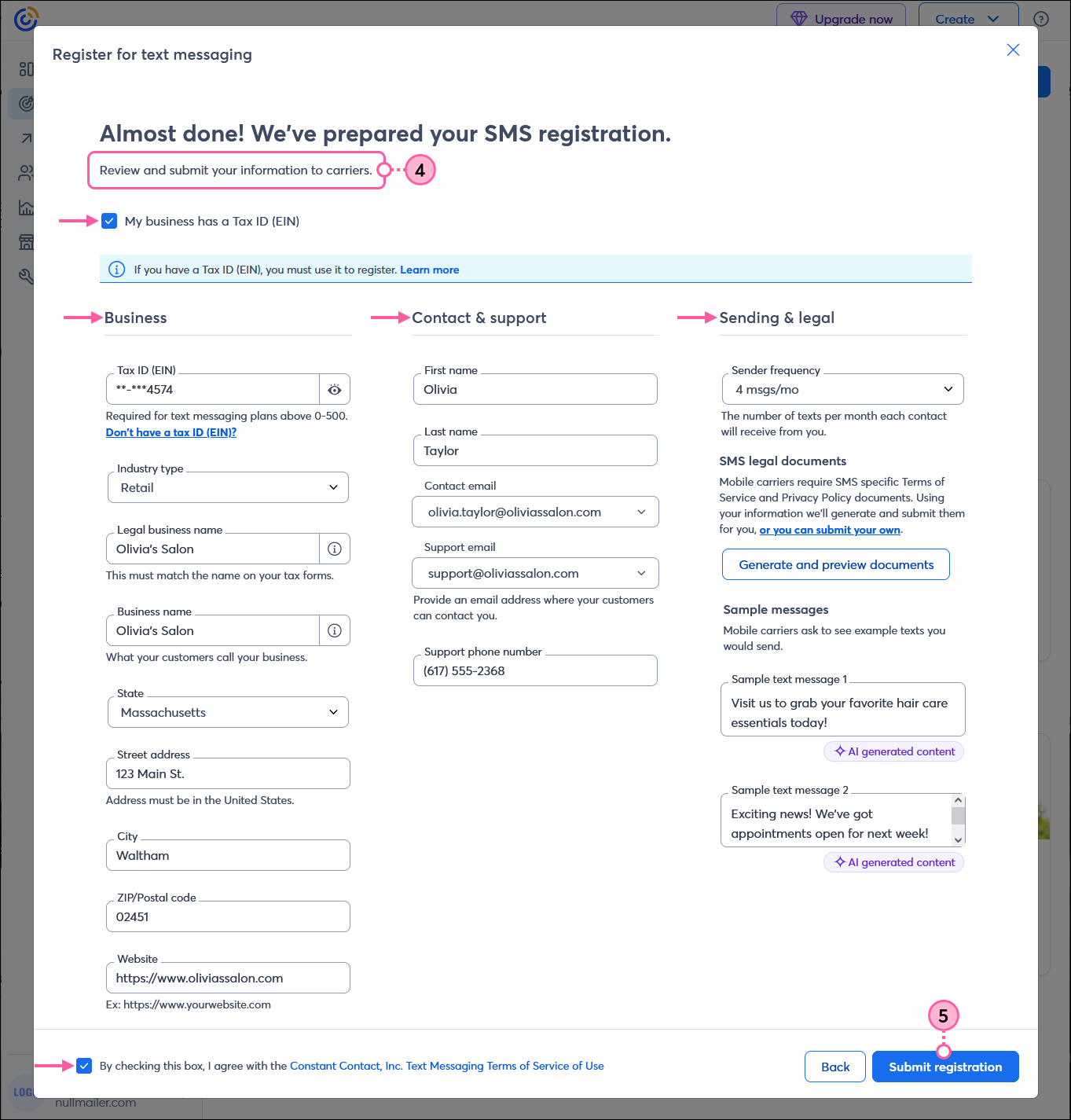 Register of text messaging overlay with My business has a Tax ID (EIN) box selected, Business, Contact & Support, and Sending & legal sections, Constant Contact Text Messaging Terms of Service of Use option, and Submit registration button