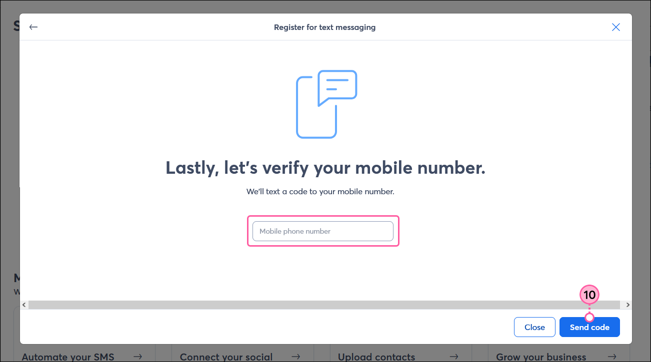 Register for text messaging overlay with Mobile phone number field and Send code button