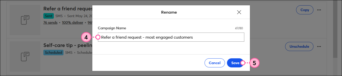 Rename overlay with Campaign Name field, and Save button
