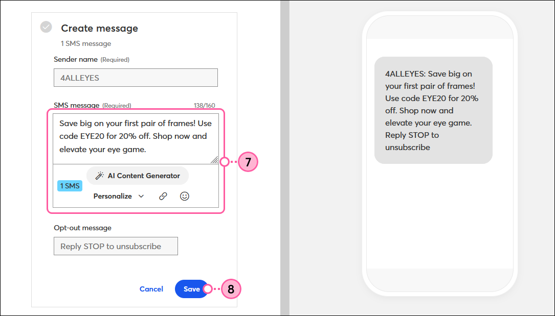 SMS editor, message inserted and customization options, Save button