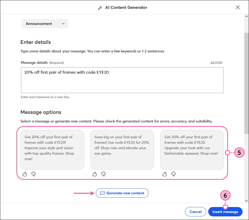 SMS AI Content Generator, Message options, Generate New Content button, and Insert Message button