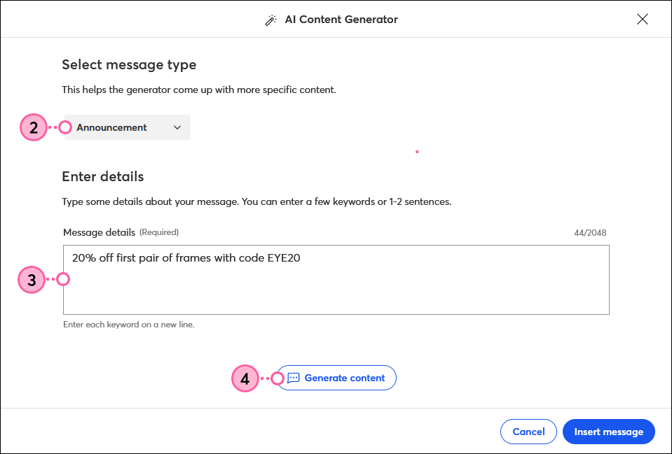 SMS AI Content Generator, Message type drop-down, Details field, and Generate Content button