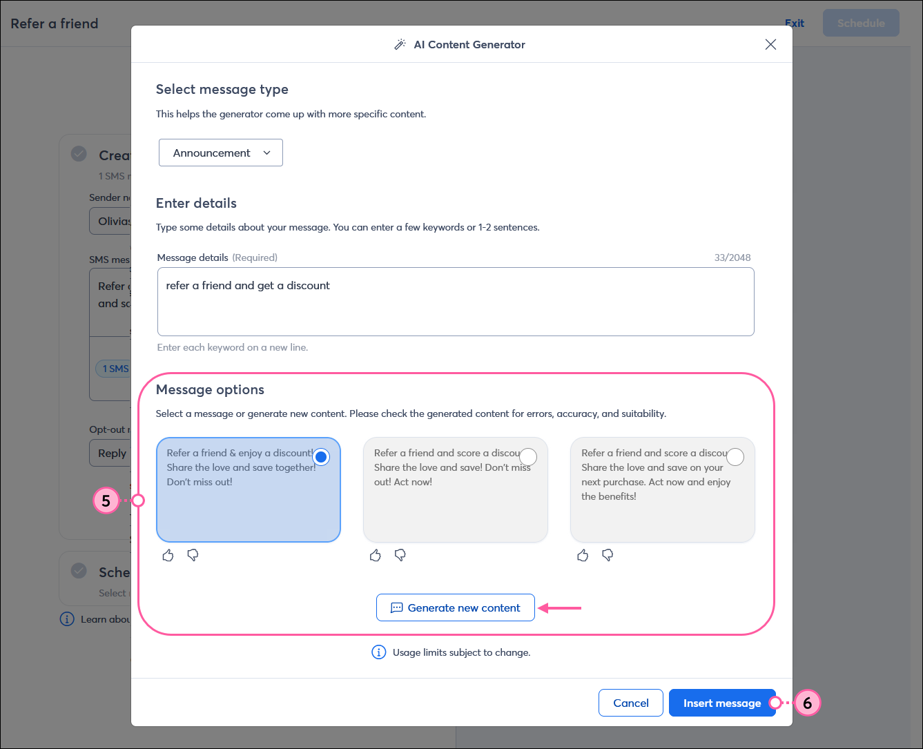 SMS editor with AI Content Generator overlay, Message options section with message selected, Generate new content button, and Insert message button