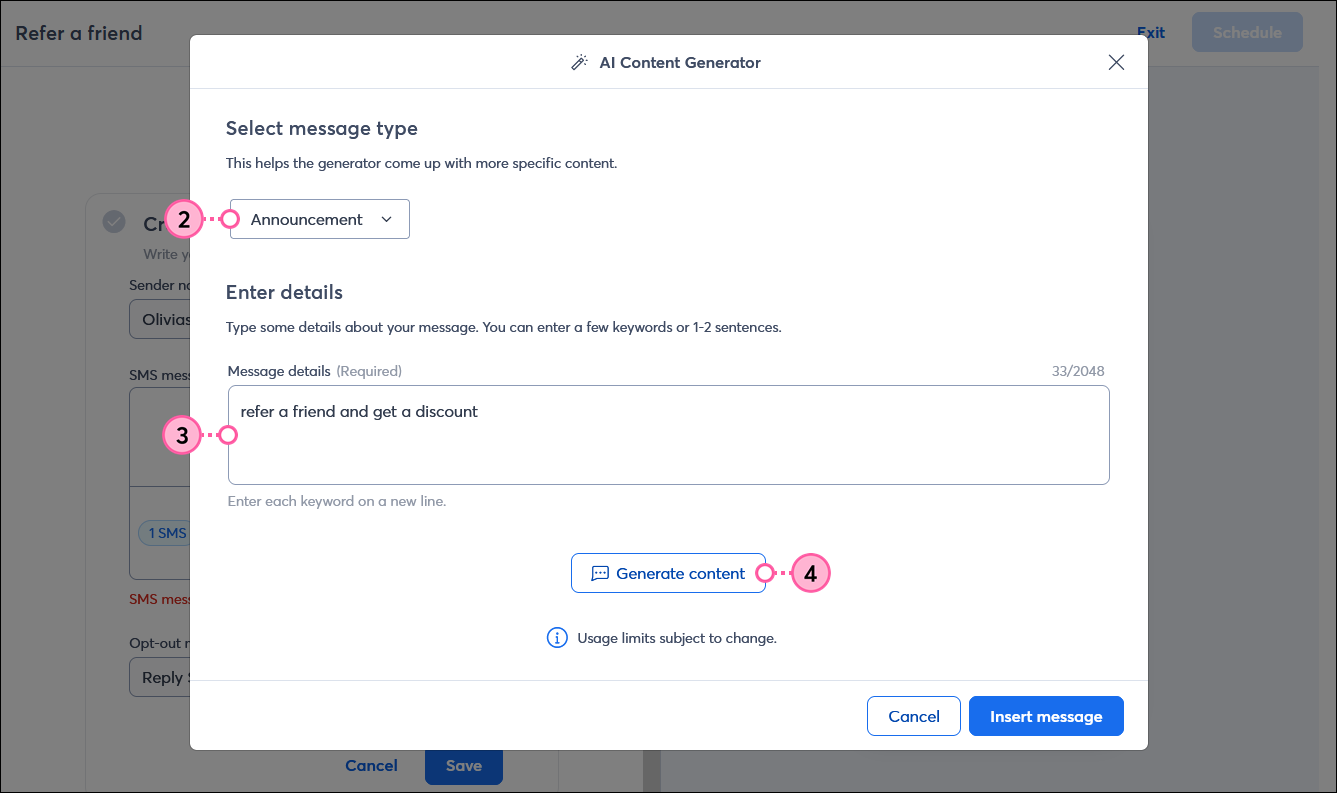 AI Content Generator overlay, message type drop-down menu, Message details field, and Generate content button