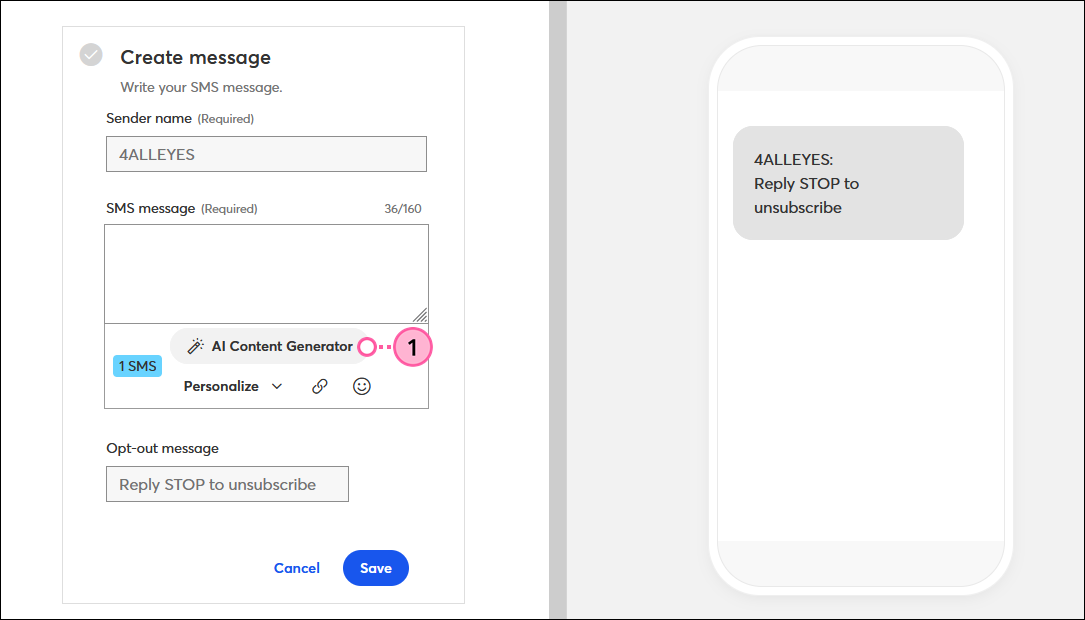 SMS editor, SMS Message field, and AI Content Generator button