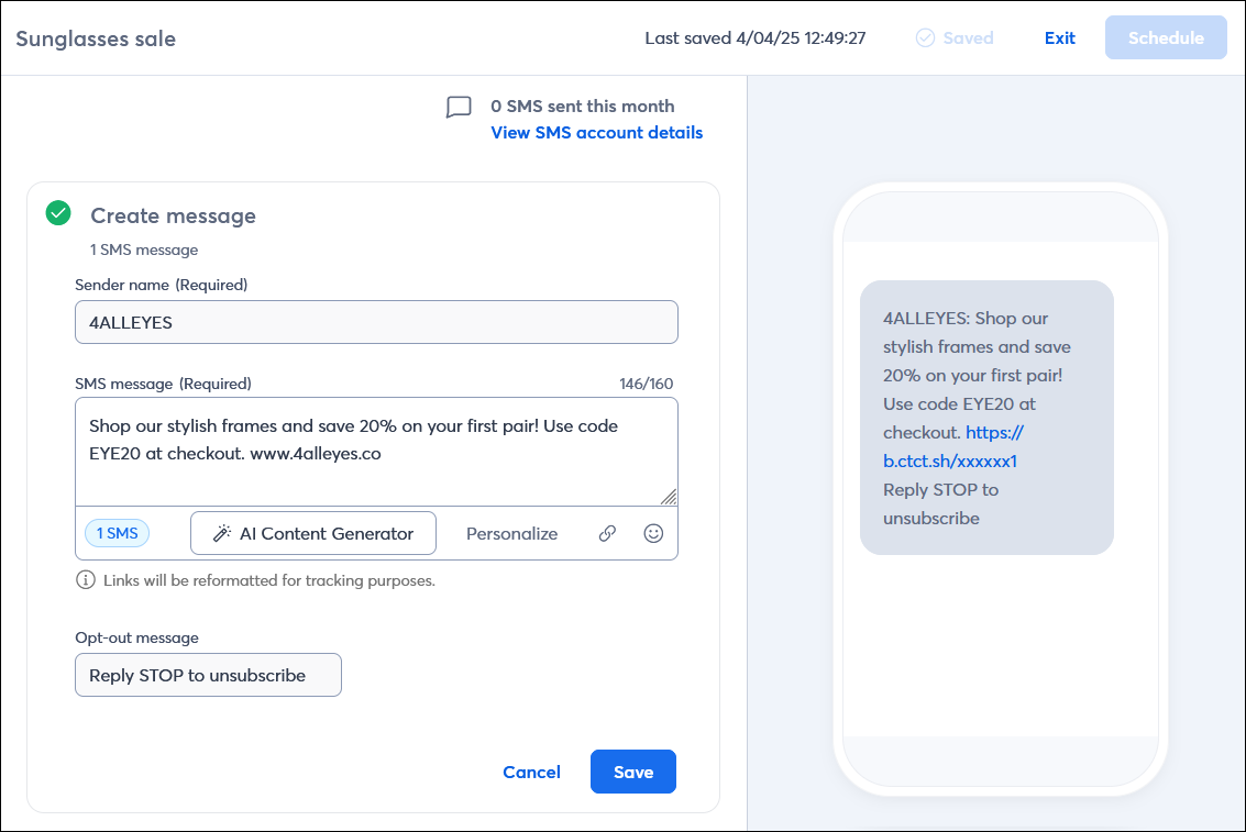 SMS editor with draft message promoting sale