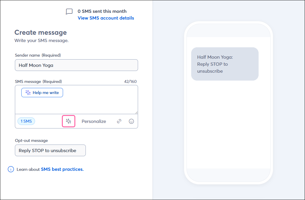 SMS editor, SMS Message field, and AI Content Generator symbol