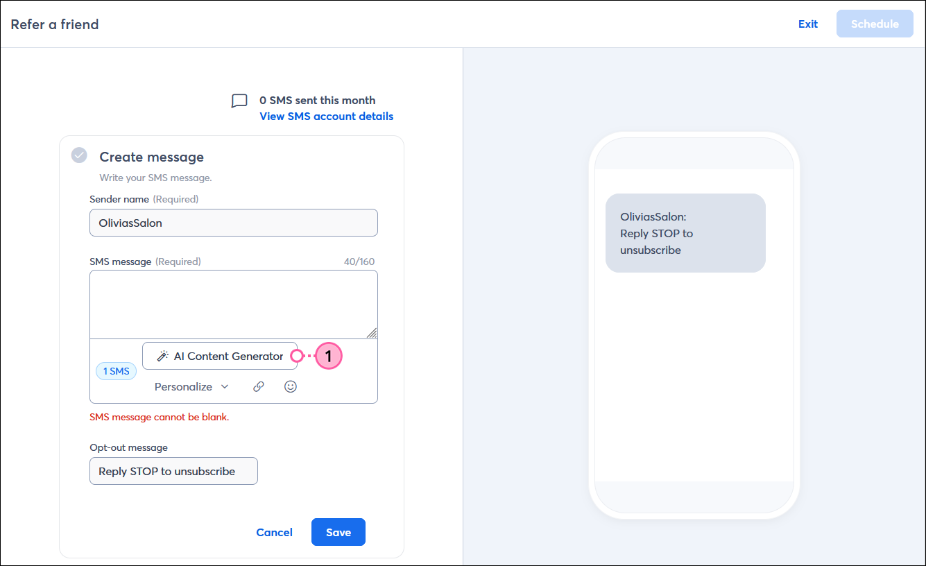 SMS campaign editor, Create message section and Edit button