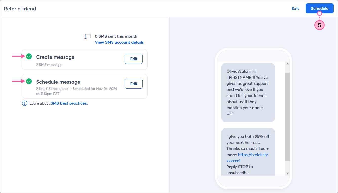 SMS campaign editor with Create message section complete and Schedule message section complete, and Schedule button