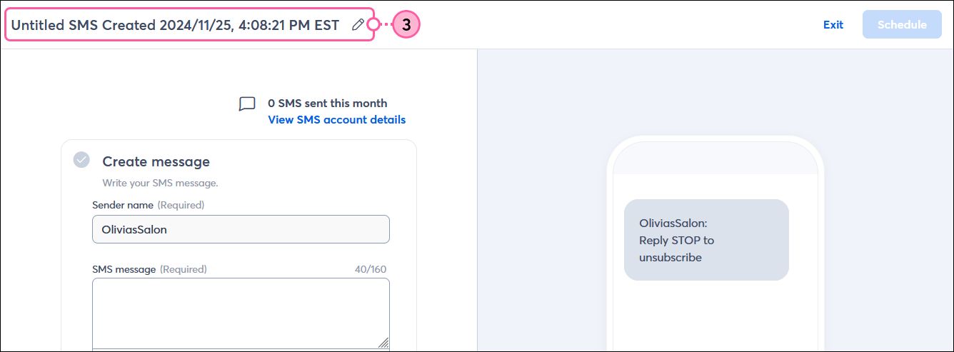 Untitled SMS campaign draft with Name field and Edit icon