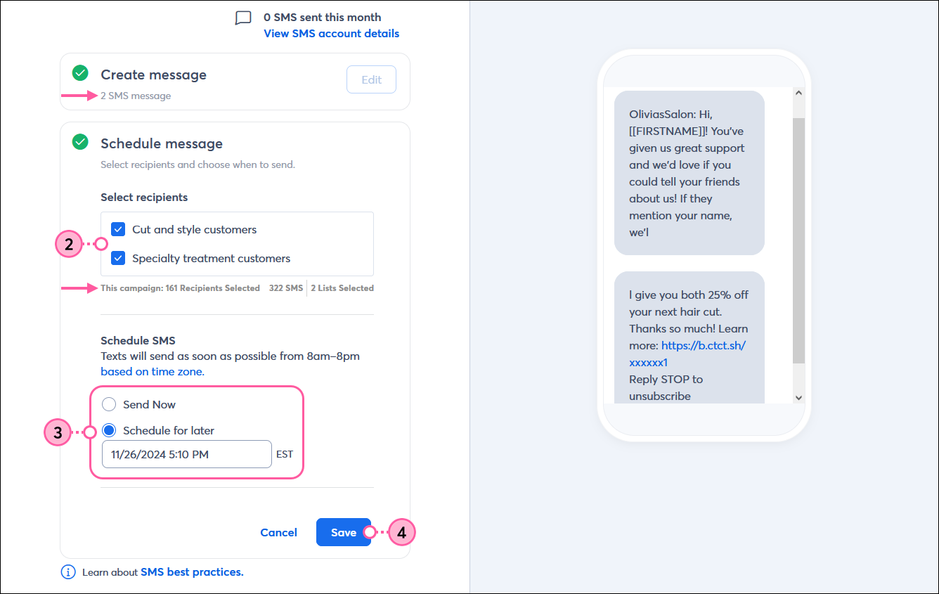 SMS message editor with Schedule message section expanded, Select recipient drop-down menu, Schedule SMS options with Schedule for later option selected, and Save button