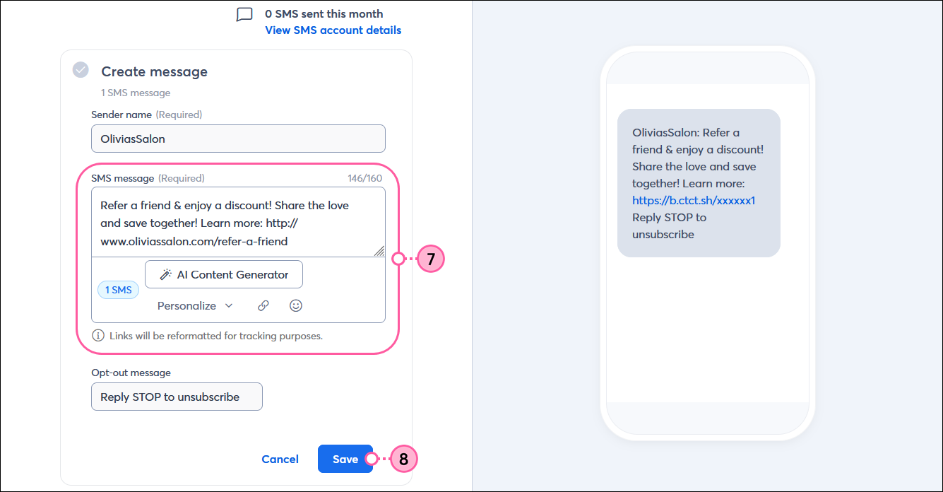 SMS message editor with Create message section expanded, SMS message field with AI content edited to include a URL, and Save button