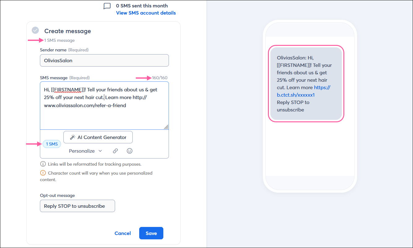 SMS message editor with Create message section expanded and message with only one segment of content.
