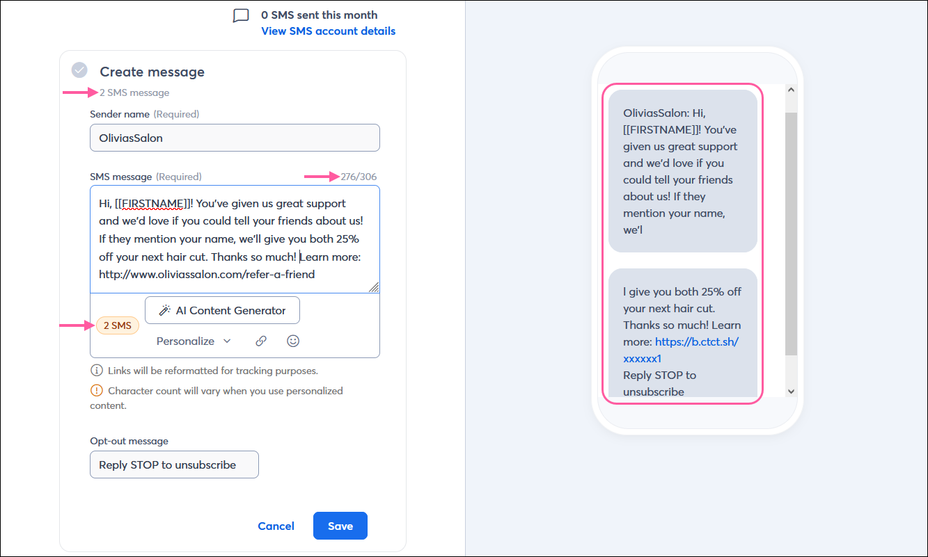 SMS message editor with Create message section expanded and message with two segments of content.