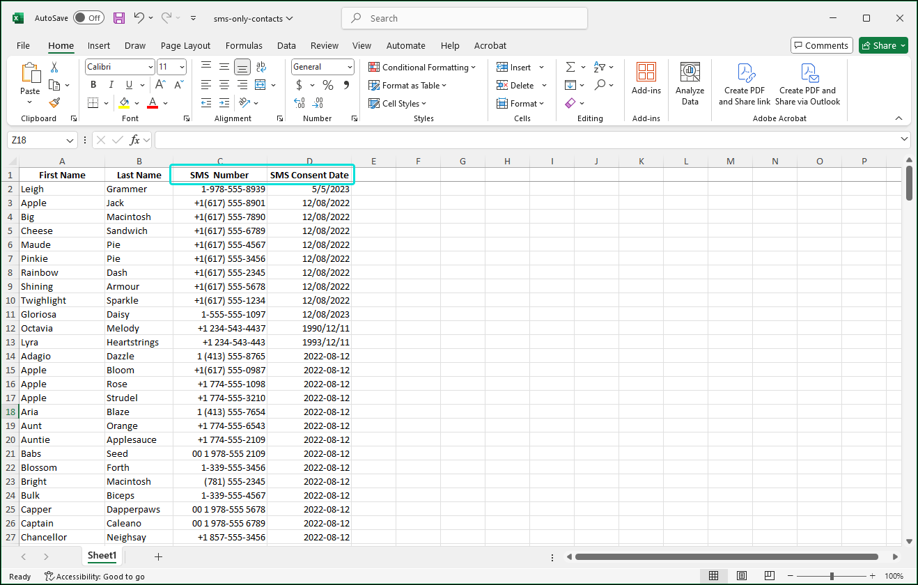 Example Excel spreadsheet with First Name, Last Name, SMS Number, and SMS Consent Date columns
