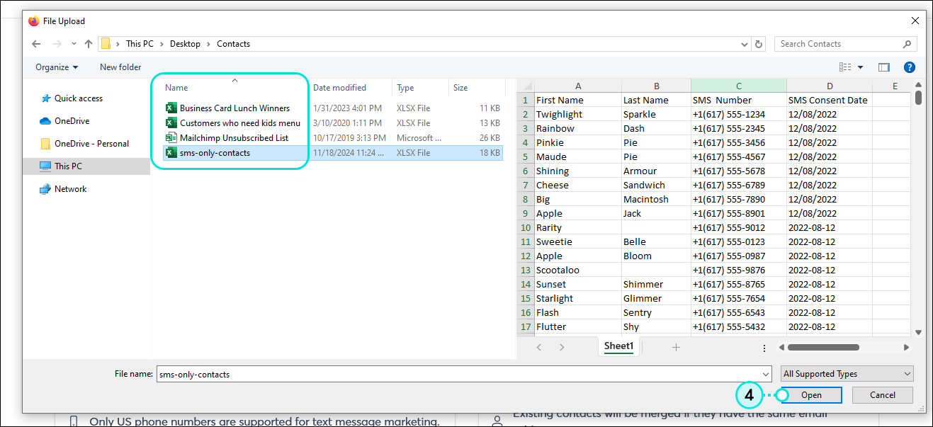 Example of File Explorer and contacts files with file selected and Open button