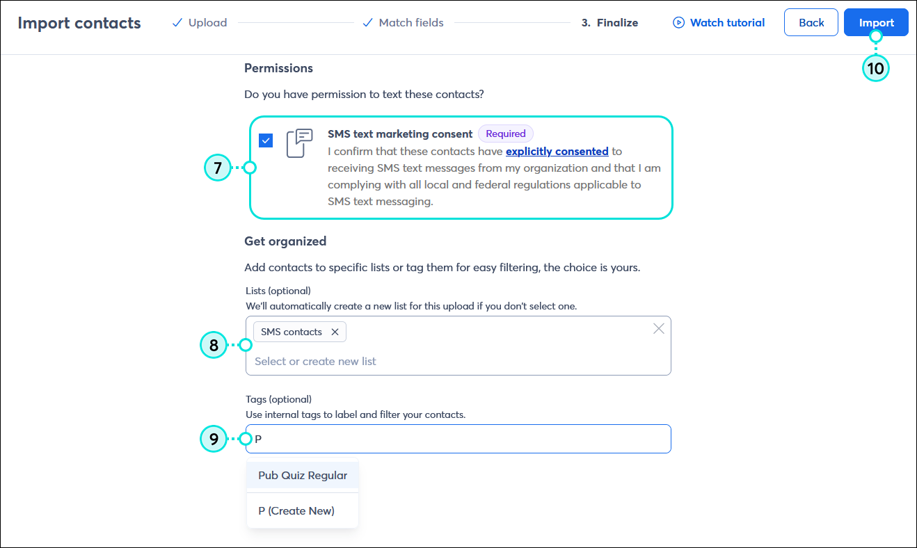 Import contacts Finalize step with email and SMS permission options, list and tag options, and Import button