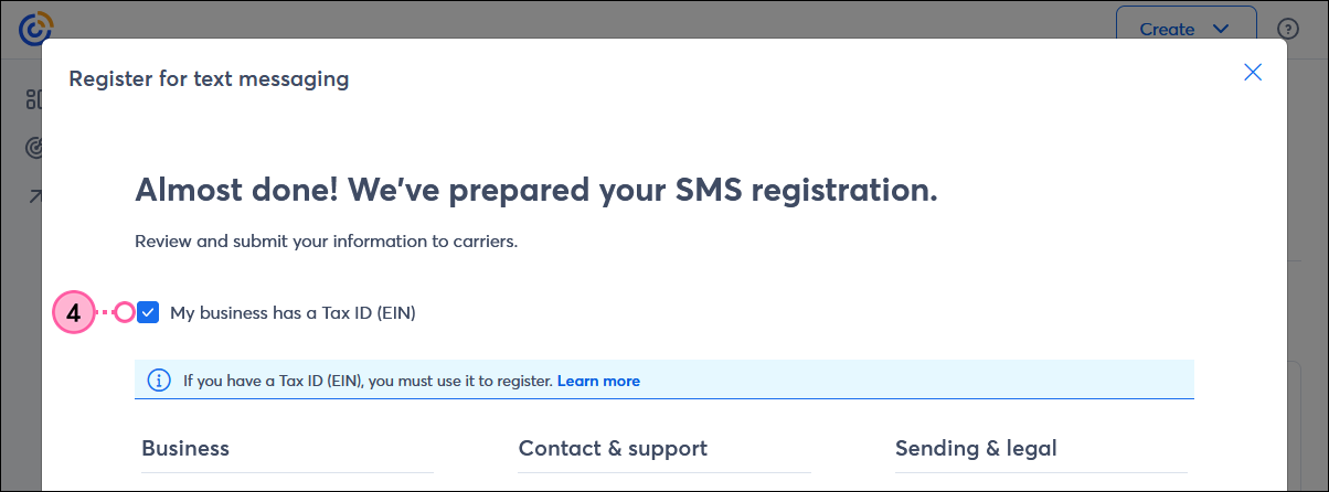 Register for text messaging overlay with "My business has a Tax ID (EIN" option selected Register for text messaging overlay with "My business has a Tax ID (EIN" option selected