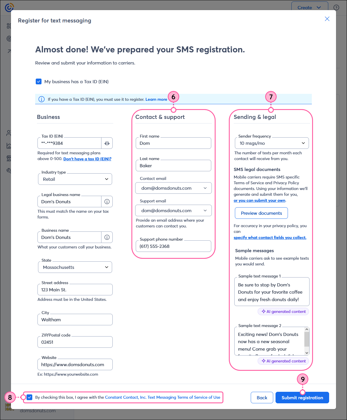 Register for text messaging overlay with "My business has a Tax ID (EIN)" option selected, Contact and support section, Sending and legal section, Text Messaging Terms of Service of Use option, and Submit registration button