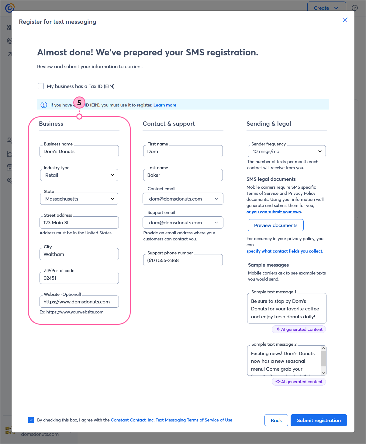 Register for text messaging overlay with "My business has a Tax ID (EIN)" option deselected, and Business section with Business name field, Industry type drop-down menu, State drop-down menu, Street address fields, and Website field