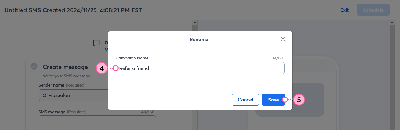 SMS campaign Rename overlay with Campaign Name field and Save button