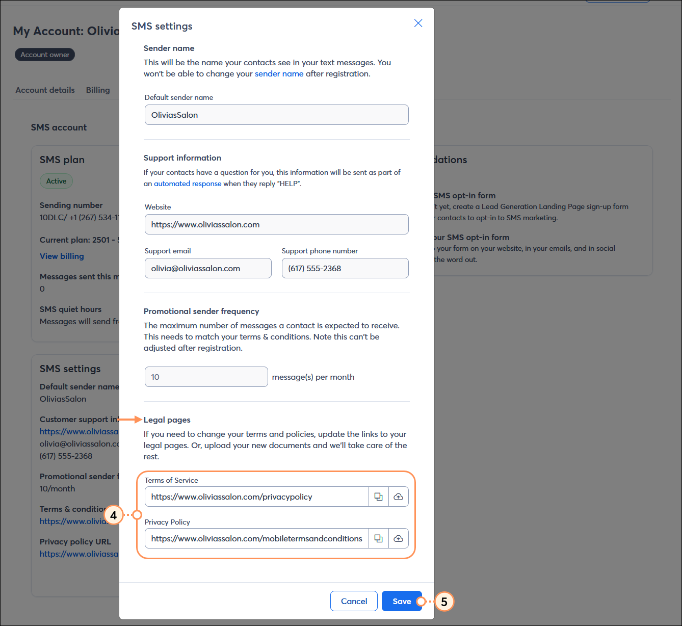 SMS settings overlay with Legal pages section, Terms and conditions URL fields, and Save button