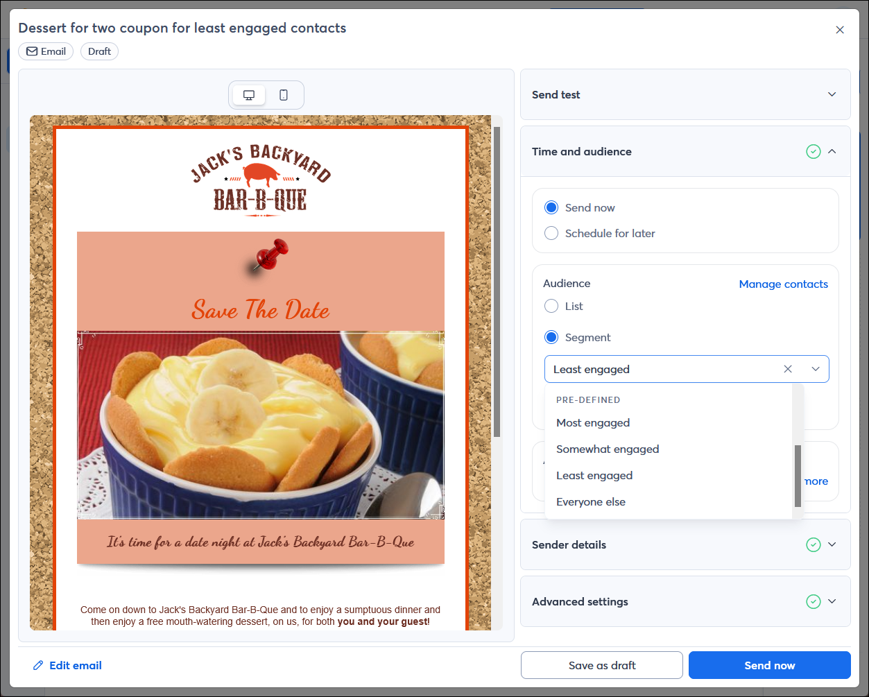 Página Email schedule (Programar correo electrónico) con la sección Time and audience (Hora y público) expandida, sección Audience (Público) con la opción Segment (Segmento) seleccionada, opciones de segmentos predefinidos con la opción Least engaged (Menor interacción) seleccionada