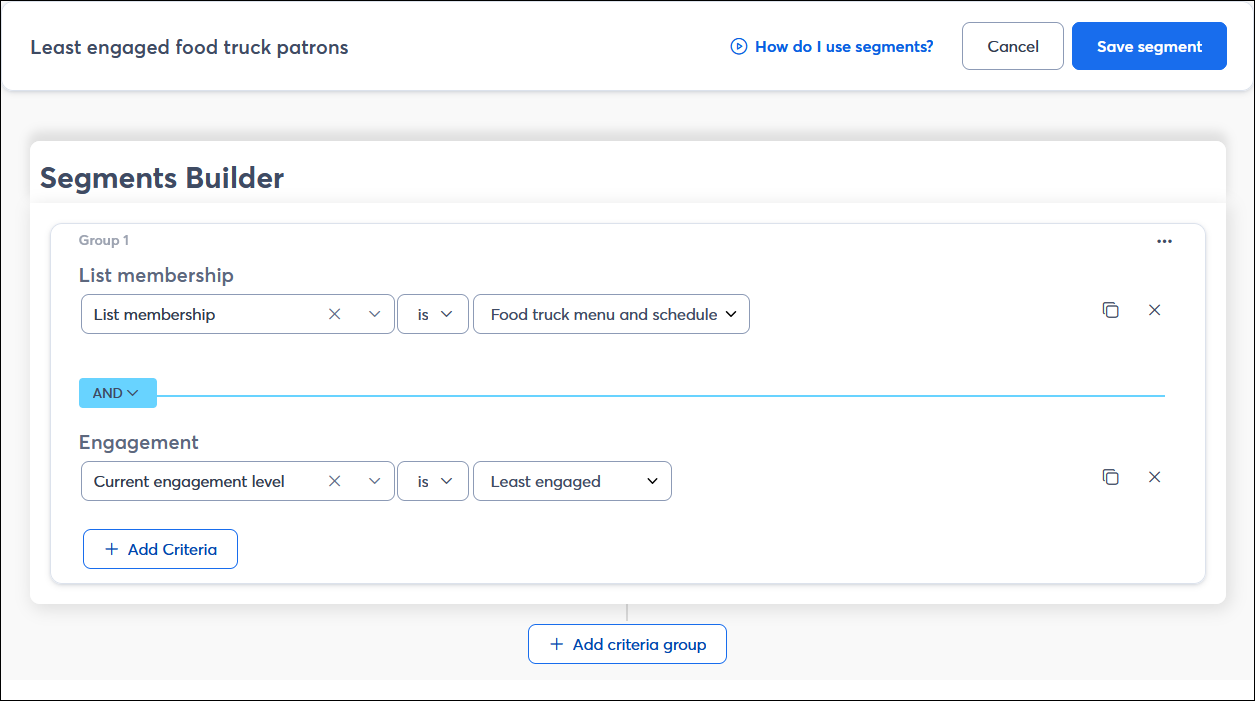Segments Builder (Creador de segmentos) con los criterios List membership (Pertenencia a listas) y Engagement (Interacción) y el operador Least engaged (Menor interacción) seleccionado
