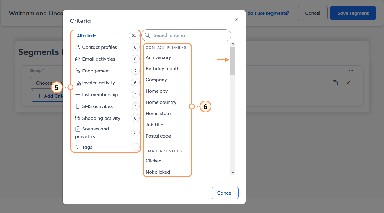 Criteria overlay with all criteria selected