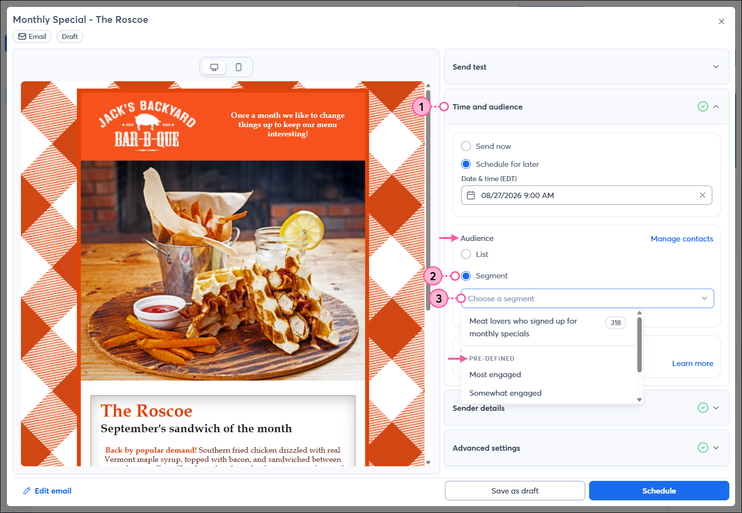 Página Email schedule (Programar correo electrónico) con la sección Time and Audience (Hora y público) expandida, sección Audience (Público) con opción de Segment (Segmento) seleccionada, campo Search for segment (Buscar segmento) con menú expandido y opciones de segmentos Pre-defined (Predefinidos)