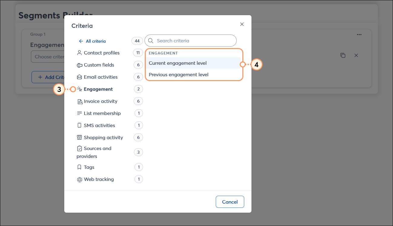 Capa de criterios con las opciones All criteria (Todos los criterios) y Engagement (Interacción) seleccionadas, y opciones Nivel de interacción actual y Nivel de interacción previa