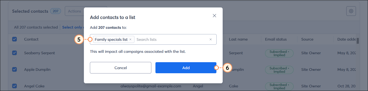 Ventana superpuesta Add contacts to a list (Agregar contactos a una lista) con el campo List (Lista) con la lista seleccionada, y botón Add (Agregar)
